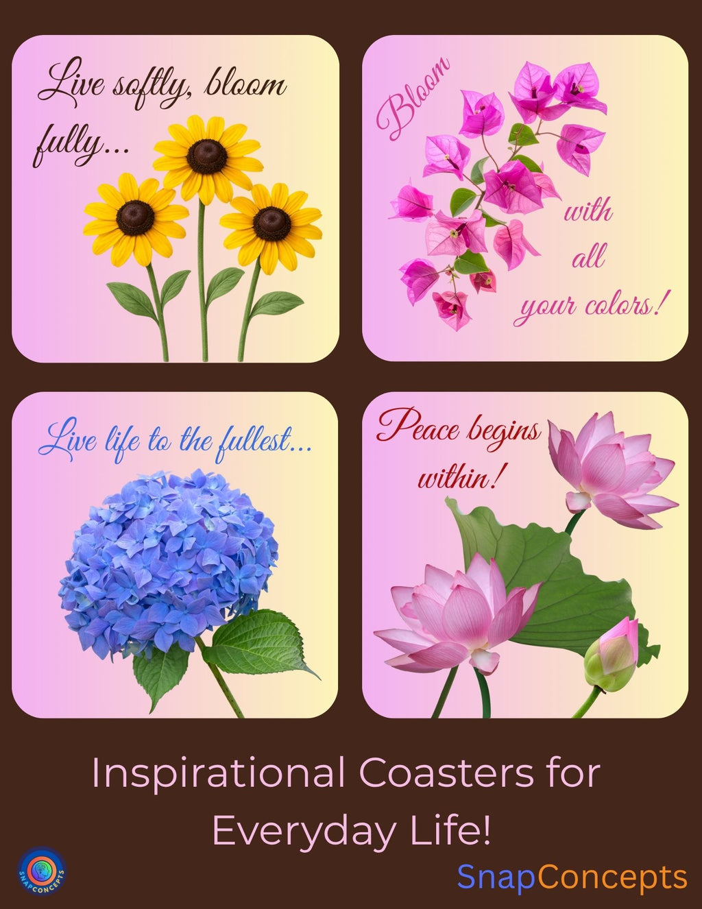 Floral Inspirational Coasters | Motivational Quotes, Set of 4 (MDF)