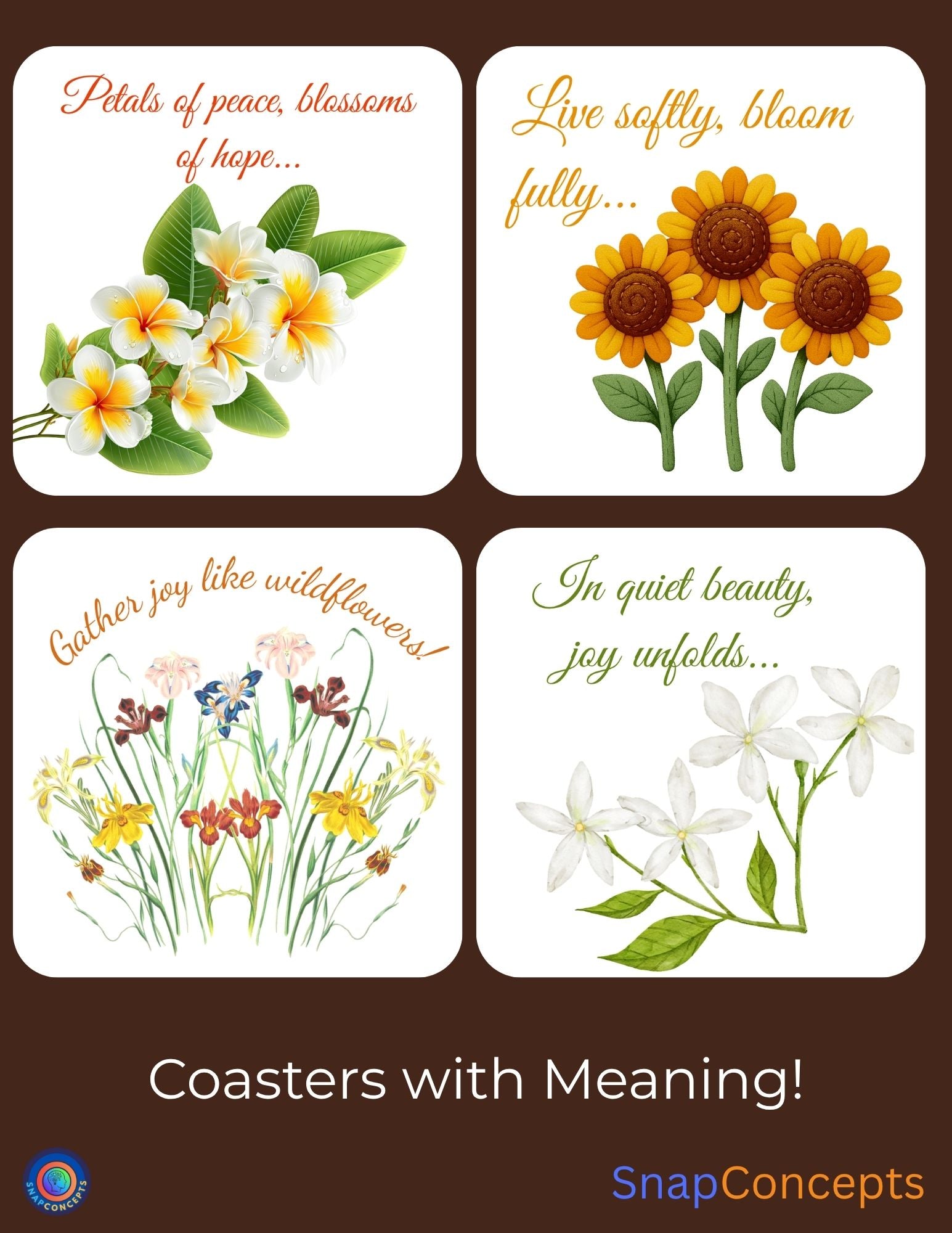 Floral Inspirational Coasters | Motivational Quotes, Set of 4 (MDF)