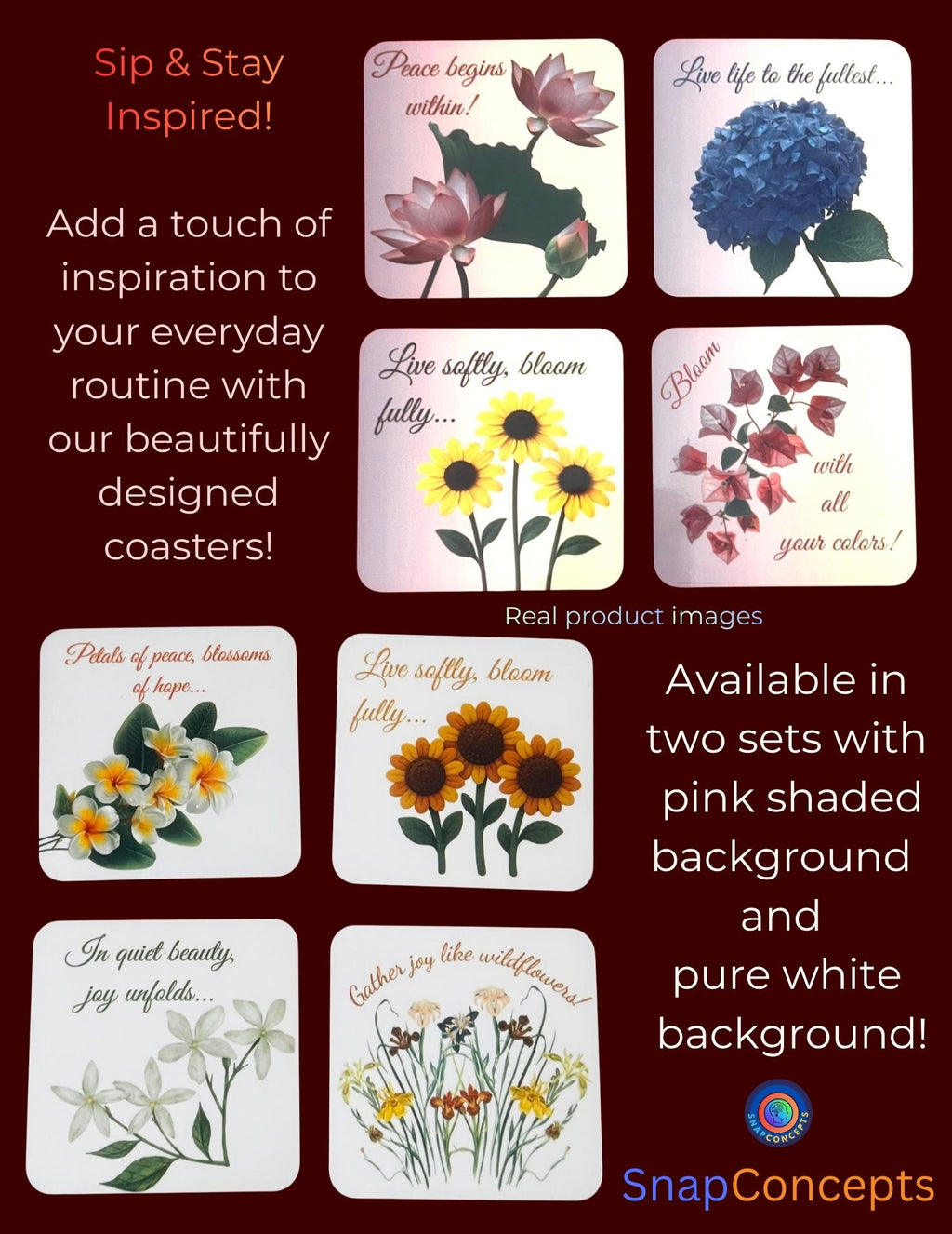 Floral Inspirational Coasters | Motivational Quotes, Set of 4 (MDF)