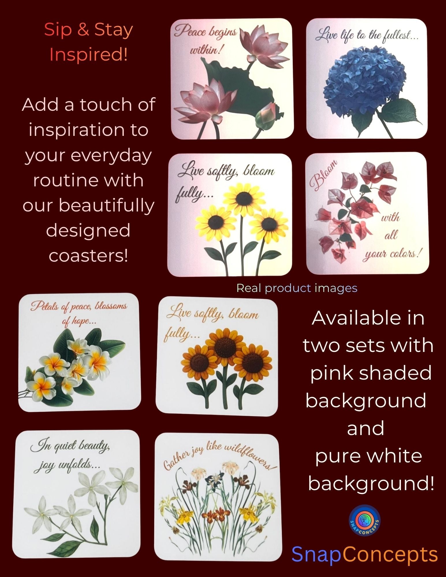 Floral Inspirational Coasters | Motivational Quotes, Set of 4 (MDF)
