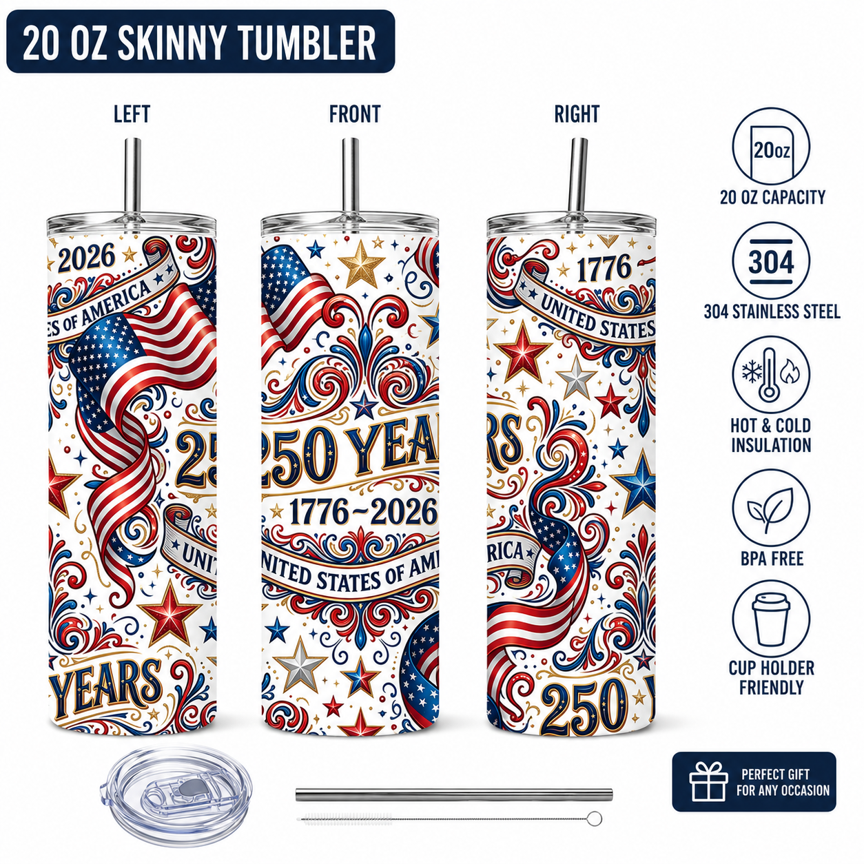 Celebrate 250 Years of Freedom – Premium 20 oz Skinny Tumbler Collection