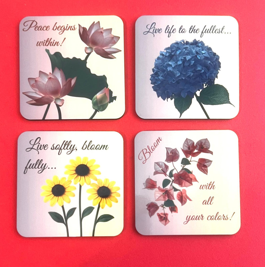 Floral Inspirational Coasters | Motivational Quotes, Set of 4 (MDF)