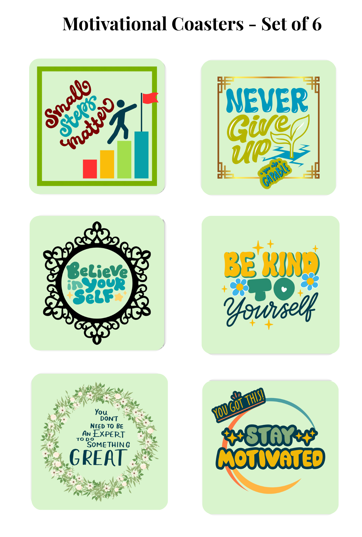Set of 6 Motivational Coasters | Inspirational Quotes, Waterproof Cork Back